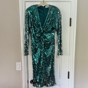 Oleg Cassini Teal Sequined Long Sleeve Twist Dress